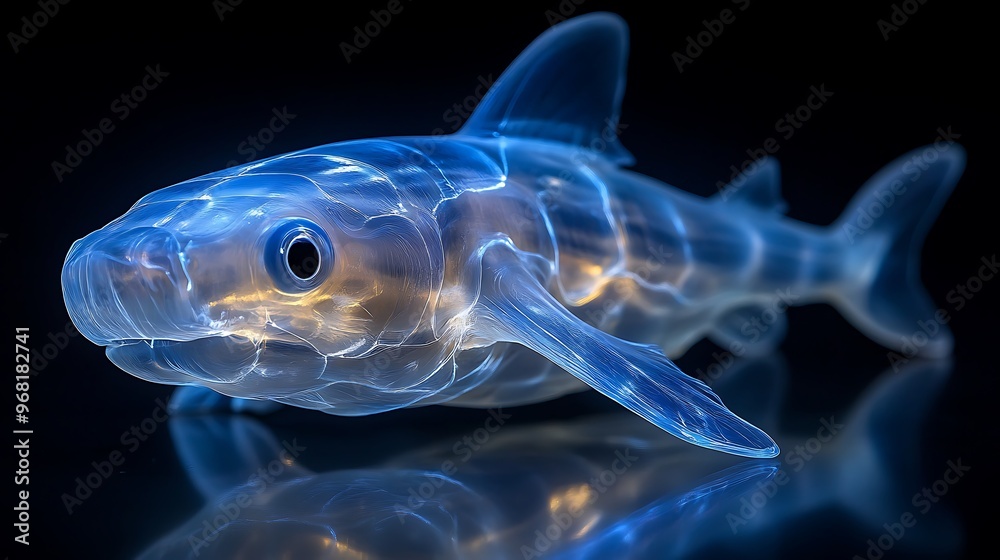 Fototapeta premium A transparent, glowing shark sculpture with a black background.