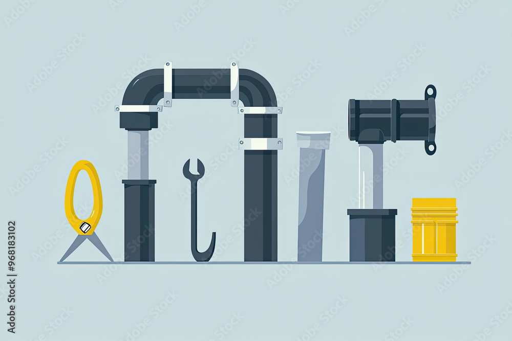 A simple illustration of water pipes and tools for installation A simple illustration of water pipes and tools for installation