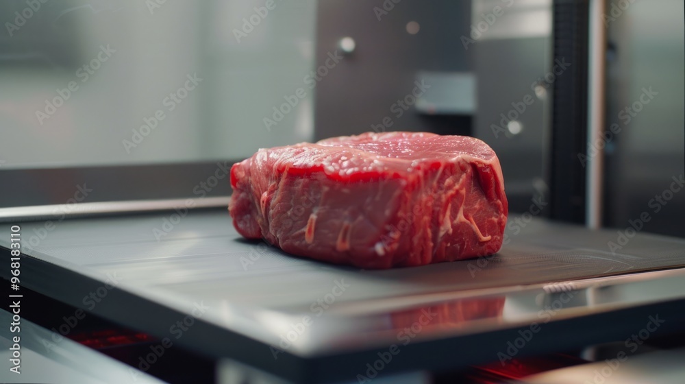 tasty red piece of steak in laboratory, artificial meat concept tasty red piece of steak in laboratory, artificial meat concept