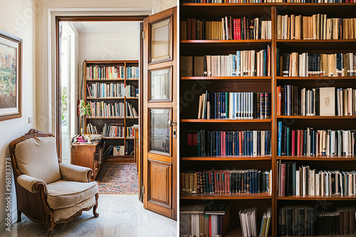 A cozy reading nook with grand library and small bookshelf invites exploration