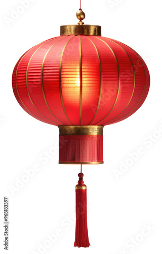 Traditional Chinese Red Lantern with Gold Trim Isolated on Transparent Background