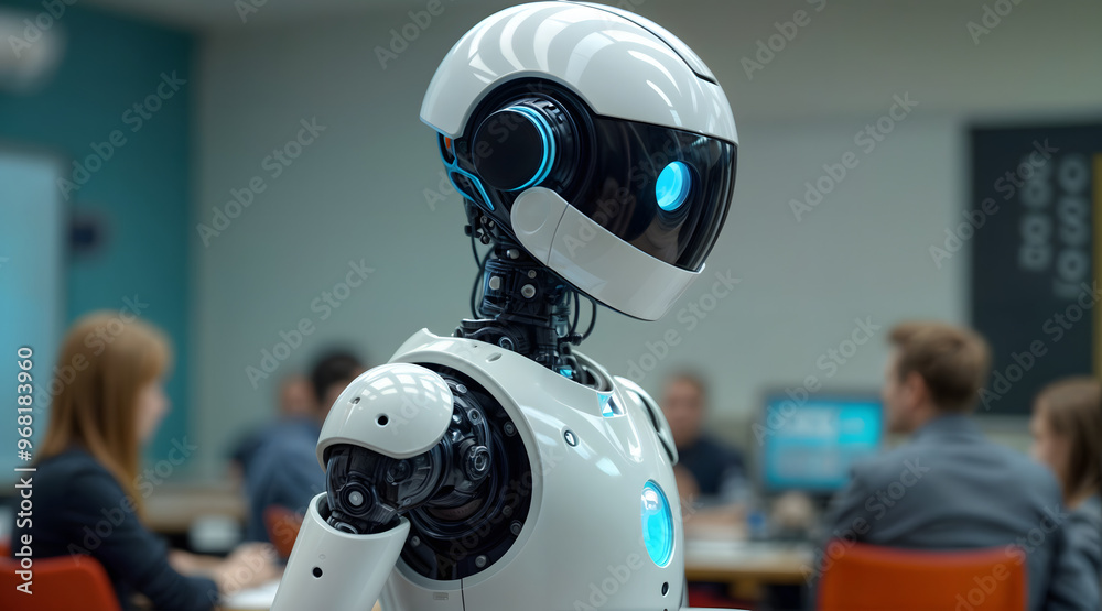 Humanoid robot in education setting with blurred people in background Humanoid robot in education setting with blurred people in background