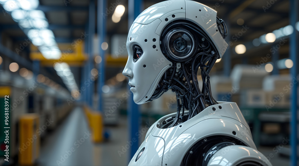 Side profile of humanoid robot in an industrial factory setting Side profile of humanoid robot in an industrial factory setting