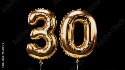 Gold number 30 foil birthday balloon isolated on white Golden party celebration 3D Rendering
