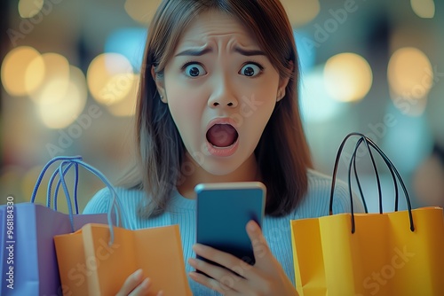 Shocked Woman Checking Phone While Surrounded by Shopping Bags photo