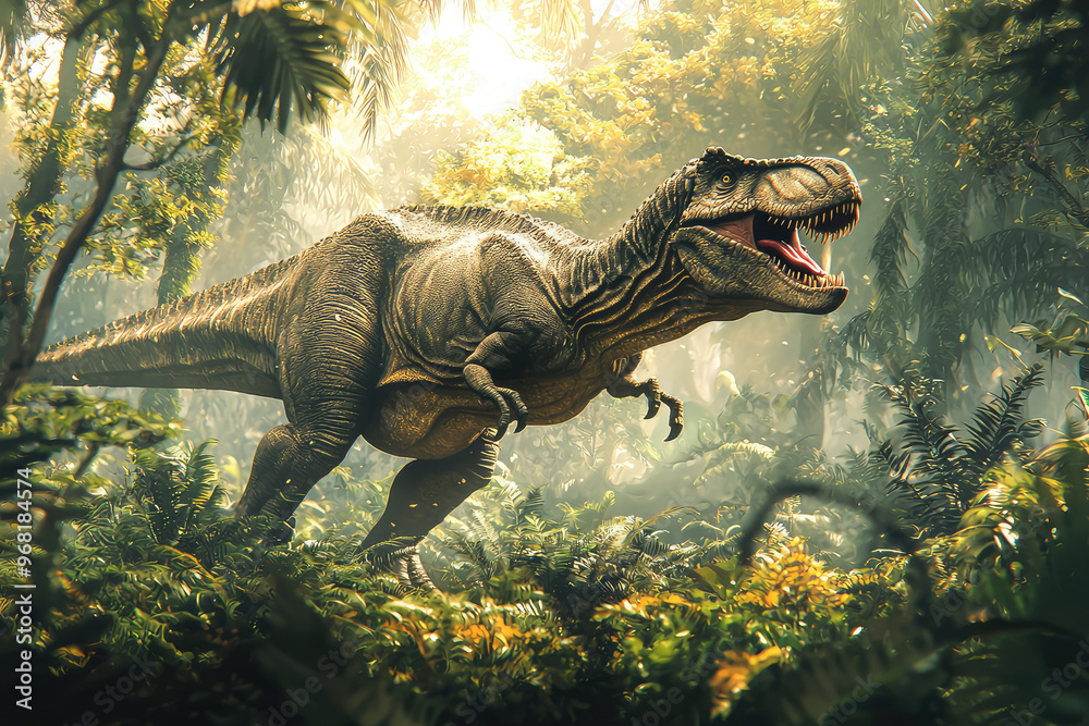 A Giganotosaurus hunting in lush, prehistoric jungle, showcasing its fierce nature A Giganotosaurus hunting in lush, prehistoric jungle, showcasing its fierce nature