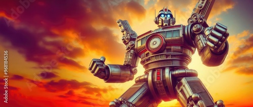 Wallpaper Mural A futuristic robot striking a powerful pose against a vibrant sunset, symbolizing technology, innovation, and the future of robotics. Torontodigital.ca