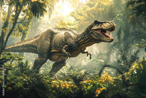 A Giganotosaurus hunting in lush, prehistoric jungle, showcasing its fierce nature