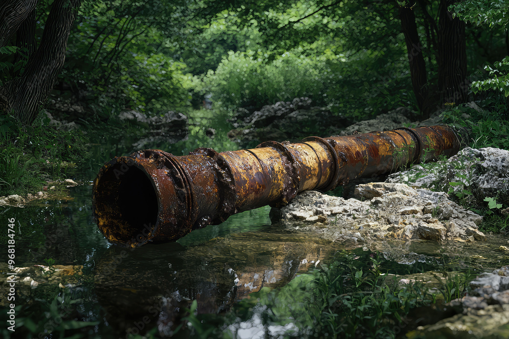 A rusty water pipe lies in serene natural setting, surrounded by lush greenery A rusty water pipe lies in serene natural setting, surrounded by lush greenery