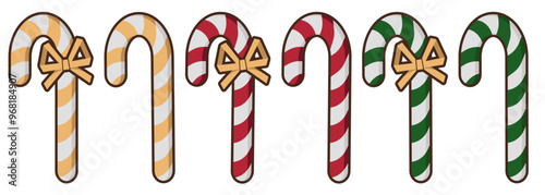 Christmas candy canes set. Christmas stick. Traditional xmas candy with red, green, yellow and white stripes.