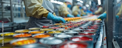 Obraz na płótnie Workers in a factory inspecting tinned food production line with focused precision. Free copy space for banner. w salonie