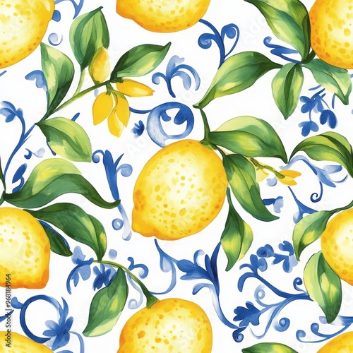 Lemon foliage and flowers artwork seamless tiled
