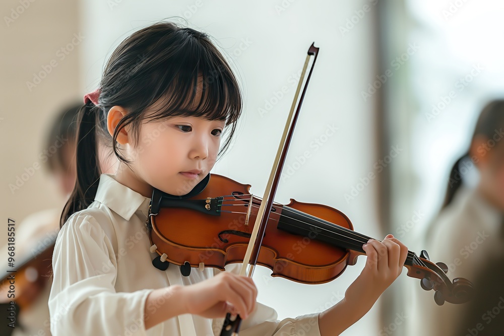 A young child skillfully plays a violin in a well-lit space, fully engaged in their music lesson A young child skillfully plays a violin in a well-lit space, fully engaged in their music lesson