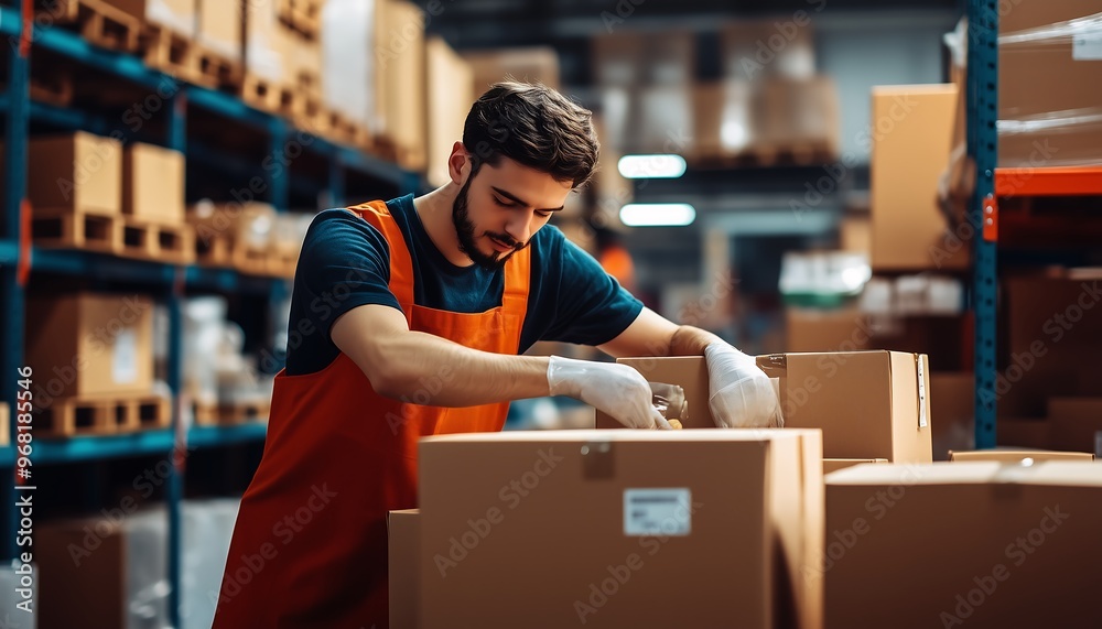 Warehouse Worker Organizing Cardboard Boxes on a Shelf Warehouse Worker Organizing Cardboard Boxes on a Shelf