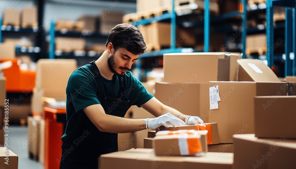Warehouse Worker Organizing Cardboard Boxes on a Shelf Warehouse Worker Organizing Cardboard Boxes on a Shelf