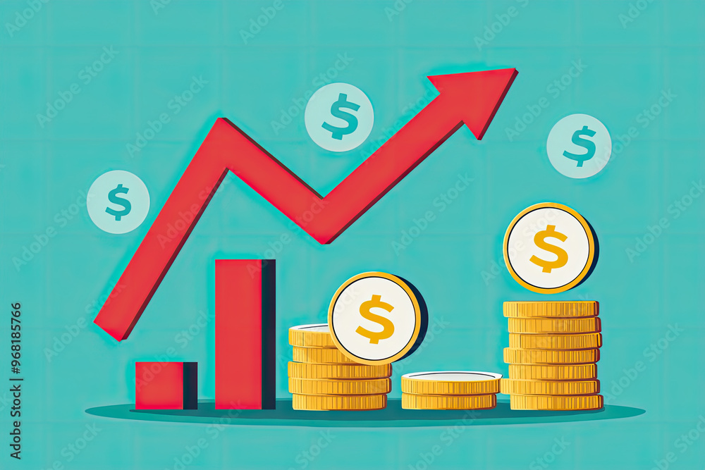 Increasing profits represented by arrows and stacks of coins Increasing profits represented by arrows and stacks of coins