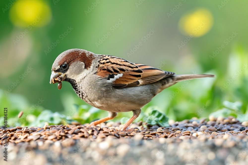A small sparrow digs through the soil, searching for seeds in a vibrant green field on a sunny day A small sparrow digs through the soil, searching for seeds in a vibrant green field on a sunny day