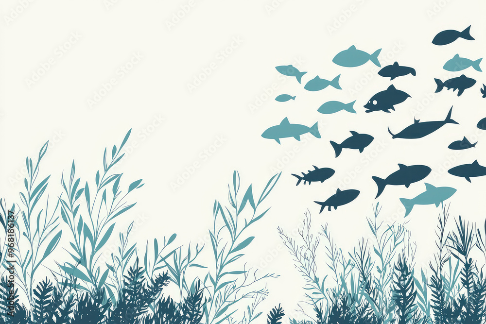 Minimal design of shoal of fish swimming past under water with aquatic plants Minimal design of shoal of fish swimming past under water with aquatic plants