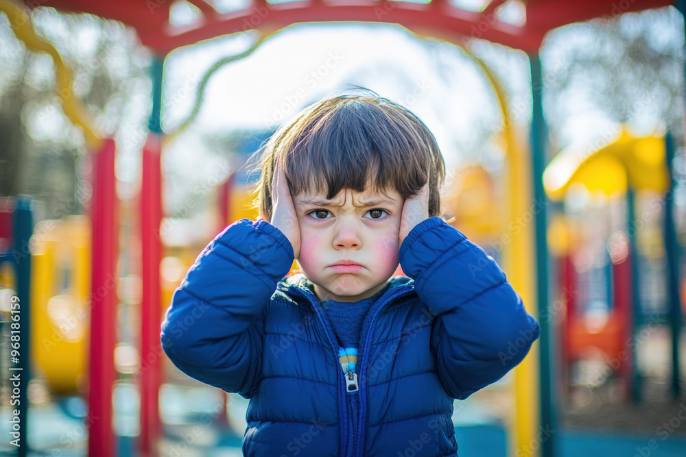 Young caucasian boy covering his ears with his hands, looking sad and annoyed at the playground Young caucasian boy covering his ears with his hands, looking sad and annoyed at the playground