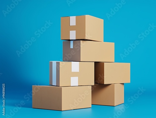 Stacked Cardboard Boxes on Blue Background for Shipping or Storage photo