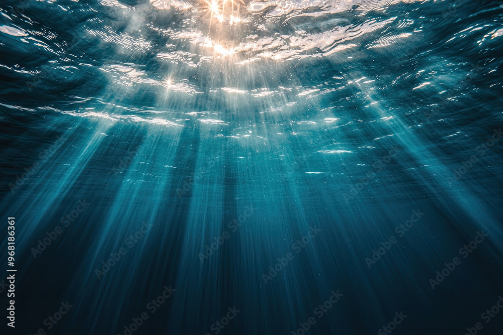 Beneath ocean surface, light beams create serene atmosphere Beneath ocean surface, light beams create serene atmosphere