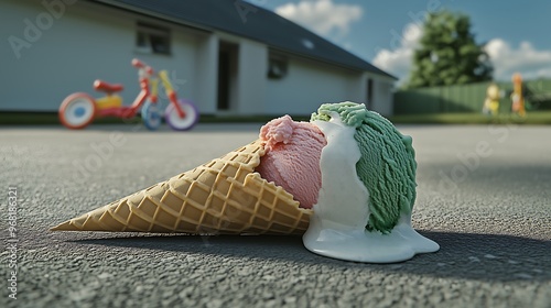 Melting Ice Cream Cone on Ground Near a Tricycle photo