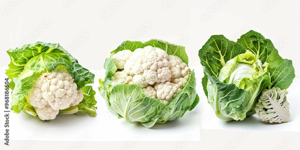 Fototapeta premium Fresh Organic Cauliflower Arrangement with Green Leaves in Studio