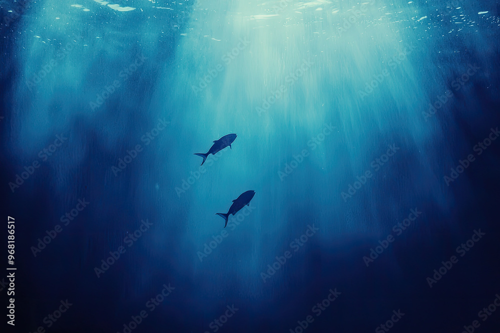 Obraz premium Dramatic underwater scene featuring silhouettes of fish swimming gracefully