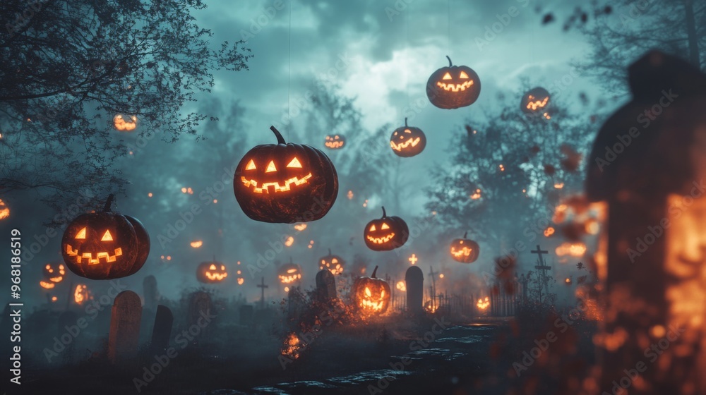 Glowing Jack-o'-Lanterns Hanging in a Foggy Graveyard Glowing Jack-o'-Lanterns Hanging in a Foggy Graveyard
