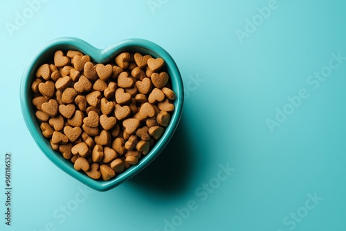 Dry dietary food for cats and dogs in a bowl, shaped like hearts as a symbol of love for pets, set against a solid color background. Celebrating Valentine's Day with healthy pet nutrition and feeding 
