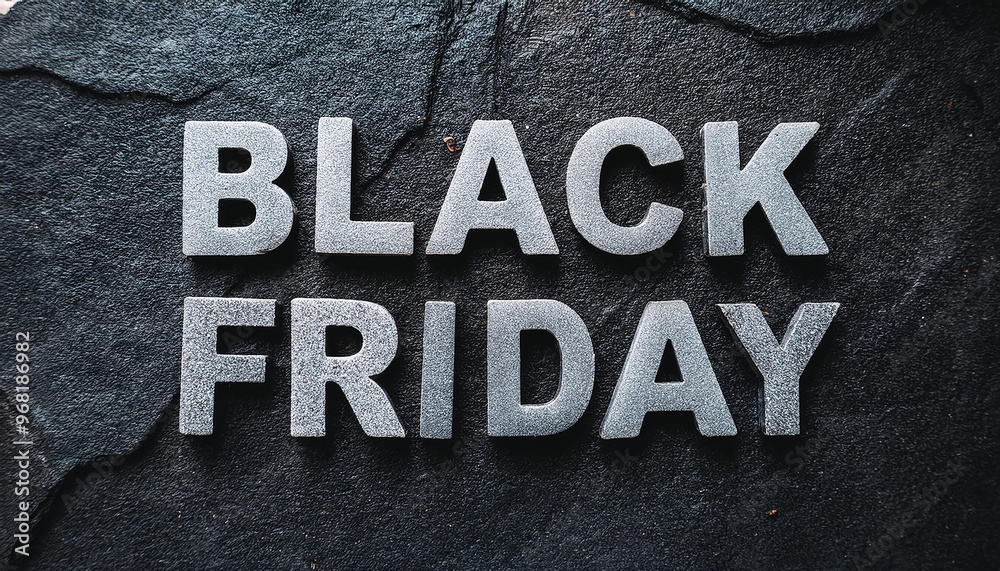 Stone text 'BLACK FRIDAY' on dark cracked wall background. Shopping and sale concept. Stone text 'BLACK FRIDAY' on dark cracked wall background. Shopping and sale concept.