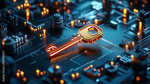 Futuristic key embedded in a microchip circuit board symbolizing cybersecurity, encryption, and digital security concepts. photo