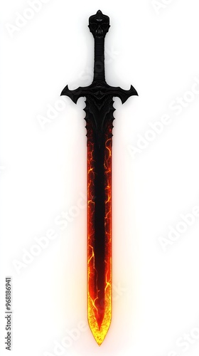 Glowing Fiery Sword with Dark Handle on White Background photo