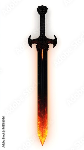 Glowing Fiery Sword with Dark Handle on White Background photo