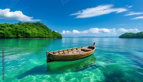 Tranquil wooden boat drifting on crystal-clear turquoise waters beside a lush green island beneath a vibrant blue sky