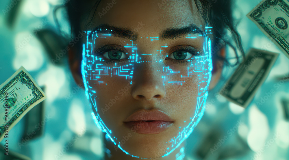 An AI entity with female human features surrounded by holographic patterns and floating dollar bills, symbolizing the integration of artificial intelligence into financial management. An AI entity with female human features surrounded by holographic patterns and floating dollar bills, symbolizing the integration of artificial intelligence into financial management.