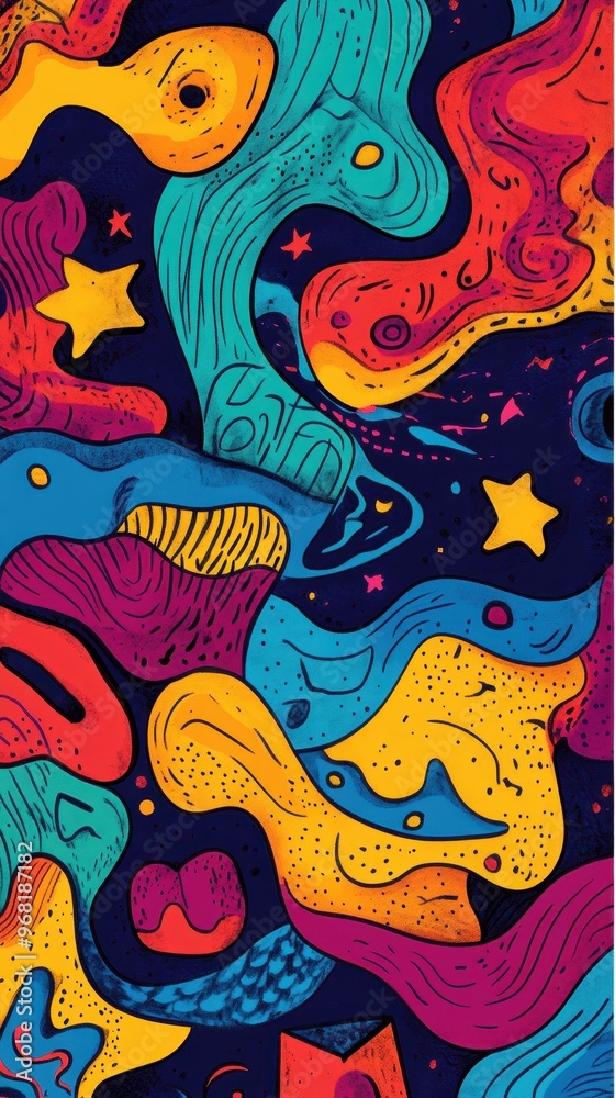 Bright colors intertwine into whimsical patterns that create a playful atmosphere, complemented by stars and cosmic elements throughout