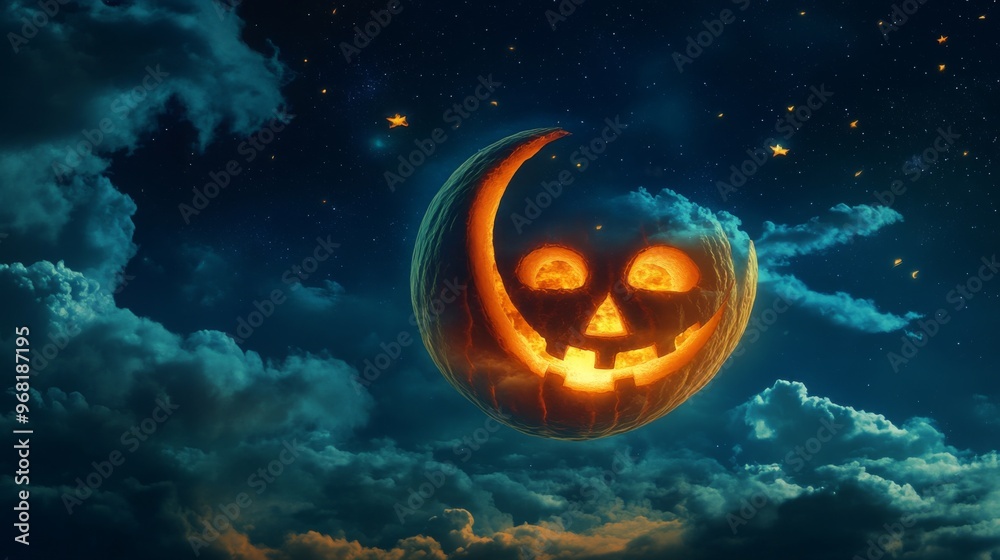 A Carved Pumpkin Moon in a Night Sky A Carved Pumpkin Moon in a Night Sky