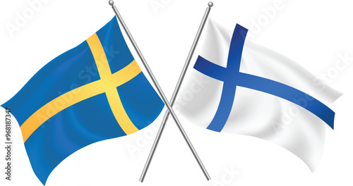 Sweden and Finland flag on stick crossed. Vector icon flat design. Finland and Sweden crossed flags. Finnish and Swedish flags on white background. Vector icon set. Vector illustration