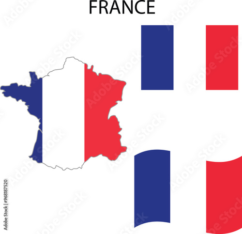 Flags of France. Flat element design. National Flag. White isolated background. France Flag map vector .Realistic pennant and map with flag of France