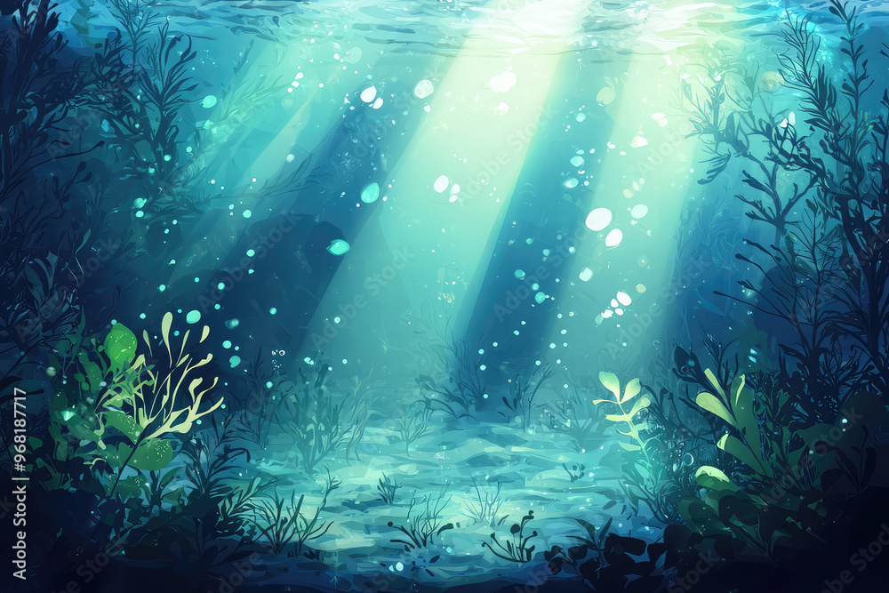 Fototapeta premium Underwater scene with soft light beams illuminating aquatic plants and bubbles