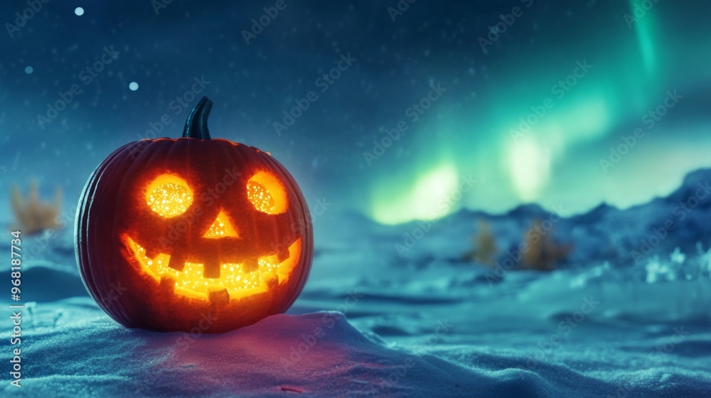 Lighted Jack-o'-lantern in Snowy Landscape Under Northern Lights Lighted Jack-o'-lantern in Snowy Landscape Under Northern Lights