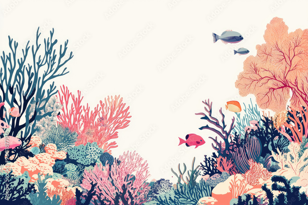 Naklejka premium Vibrant sea creatures and corals create lively underwater scene