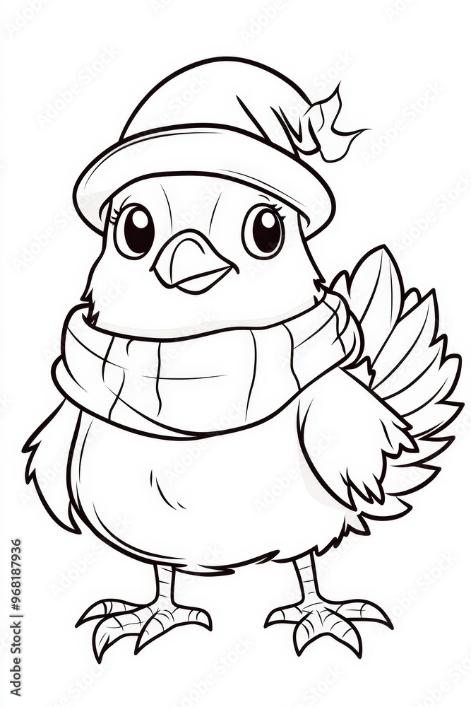 Cheerful cartoon bird is wearing a christmas hat and scarf, ready for coloring Cheerful cartoon bird is wearing a christmas hat and scarf, ready for coloring
