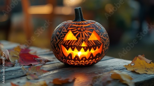 A Lit Jack-o'-Lantern with Intricate Carving on a Wooden Surface Surrounded by Autumn Leaves photo