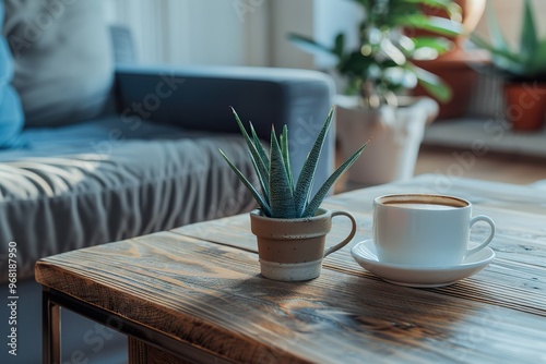 A coffee cup sits on a wooden table next to a potted plant,