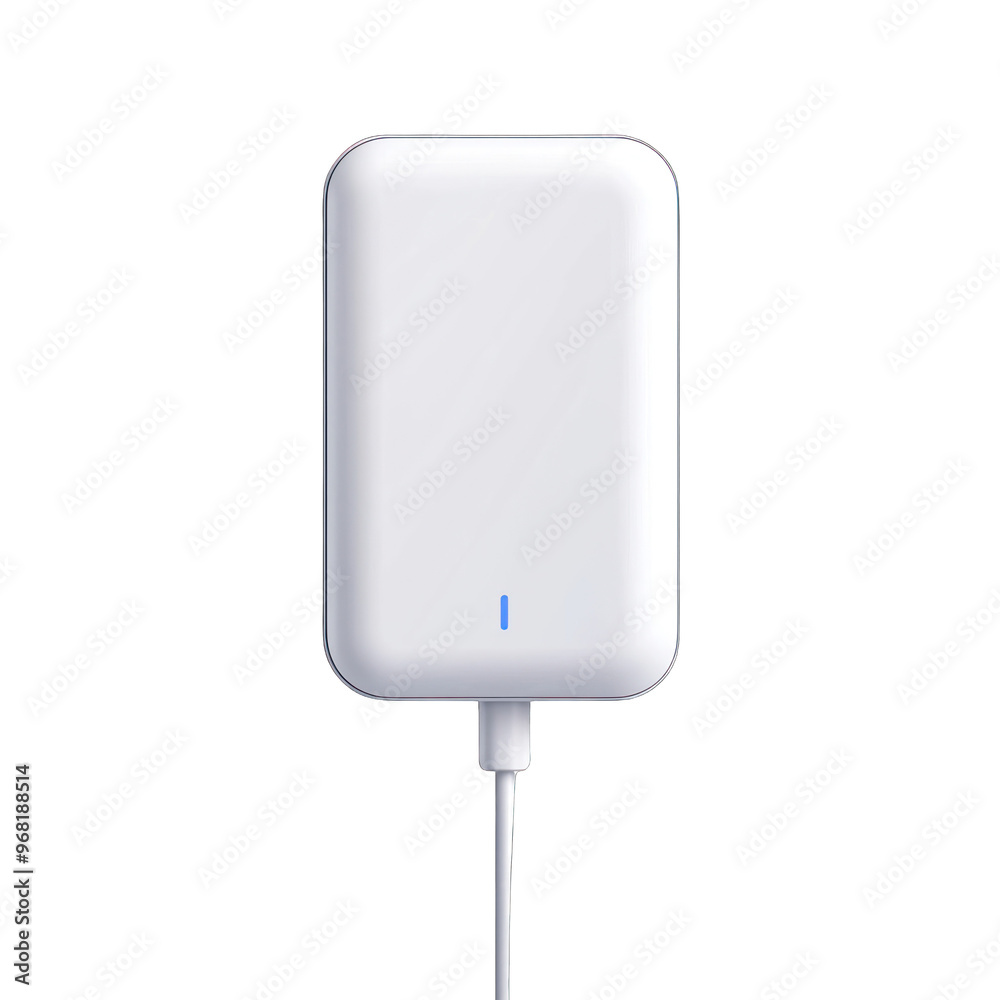 A sleek white power bank with a blue indicator light, perfect for charging devices on the go. transparent background A sleek white power bank with a blue indicator light, perfect for charging devices on the go. transparent background