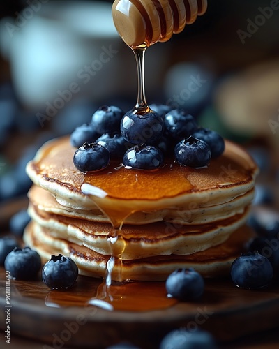 Stack of Pancakes Drizzled with Syrup Topped with Fresh Blueberries photo