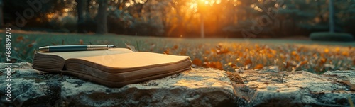 Book and pen on a rock in the sun photo