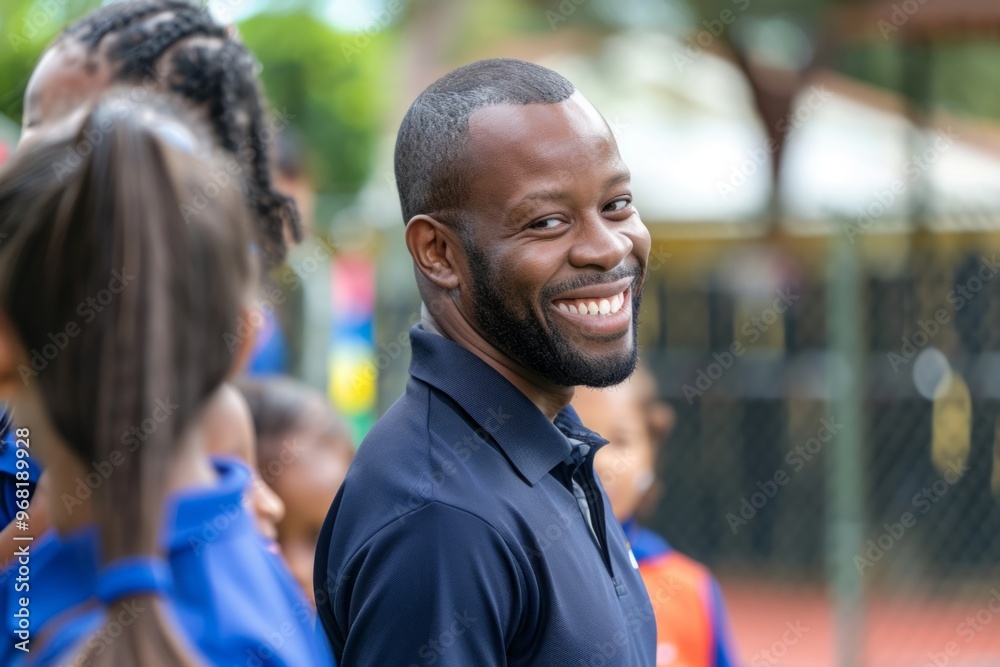 A man in a blue shirt is smiling at a group of children A man in a blue shirt is smiling at a group of children